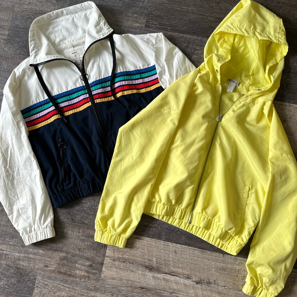 Forever 21 Spring Summer Beach Yellow & White Blue Zip-Up Jacket windbreaker - Picture 2 of 6